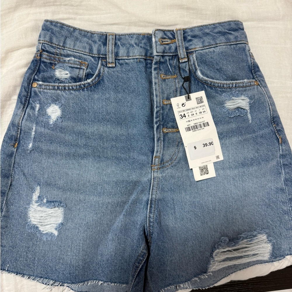 Zara Light Blue Distressed Jean Shorts